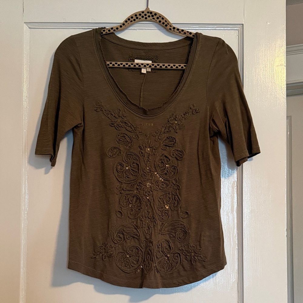 Meadow Rue Olive Embroidered Short Sleeve Top